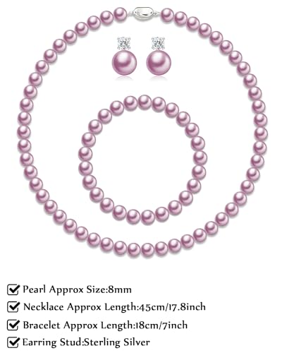 Pearl Necklaces for Women,8mm Pearl Necklace and Earring Bracelet Jewelry Set for Women Men Wedding Birthday Valentine Christmas Day Gifts - color: Purple