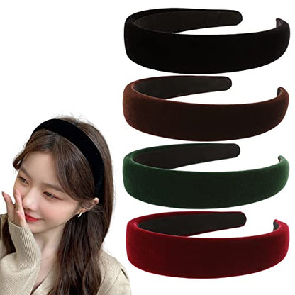 4Pcs Black Velvet Headband for Women Girls Wide Hairbands Pack Non Slip Thick Headband Set Adult Red Brown Green Padded Hair Band Fashion Soft Headbands for Long Short Thin Curly Hair Christmas Gift - color: 4Pcs Velvet Headband Set