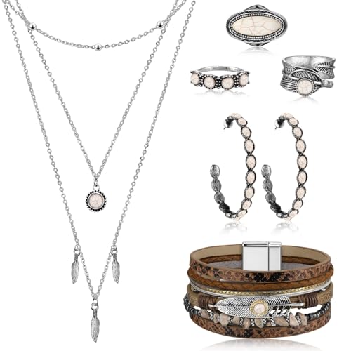 Ecally Bohemian Western Jewelry Turquoise Set Women Country Pendant Long Choker Layered Bracelets Earrings Ring for Women - color: White, style: Bohemia