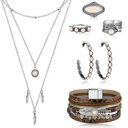 Ecally Bohemian Western Jewelry Turquoise Set Women Country Pendant Long Choker Layered Bracelets Earrings Ring for Women - color: White, style: Bohemia