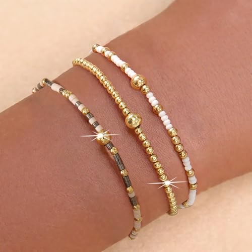 Gold Beaded Bracelet Stack for Women Colorful Small Seed Beads Bracelets Set Boho 14K Gold Plated Ball Stackable Stretch Non-Tarnish Dainty Jewelry Trendy Accessory Friendship Gift - color: khaki and white