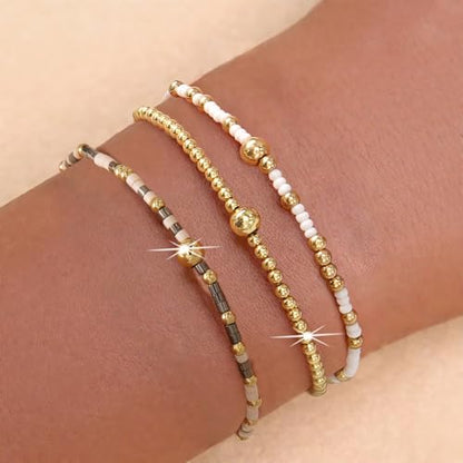 Gold Beaded Bracelet Stack for Women Colorful Small Seed Beads Bracelets Set Boho 14K Gold Plated Ball Stackable Stretch Non-Tarnish Dainty Jewelry Trendy Accessory Friendship Gift - color: khaki and white