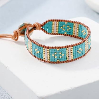 KELITCH Women Pearls Friendship Bracelets Handmade Blue Seed Bead Leather Wrap Bracelet Fashion Jewelry - color: A
