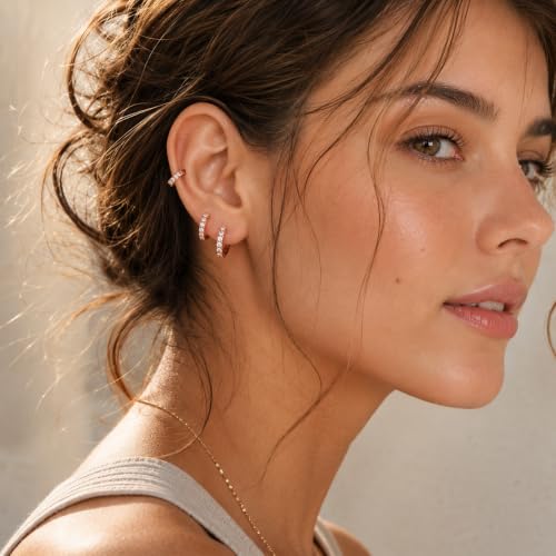 micuco 3 Pairs Small Hoop Earrings Tiny Cartilage Earrings for Women Men | Cubic Zirconia Earrings Huggie Hoop Ear Piercing Earrings for 8mm 10mm 12mm - color: 12# Rose Gold 10-10-10mm