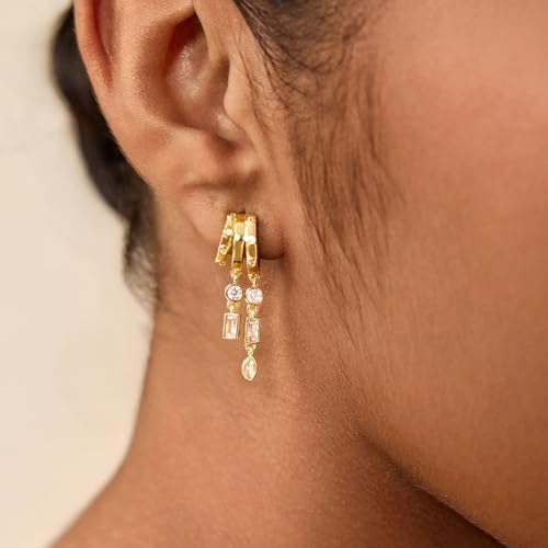 Cicy Bell Gold Earrings For Women 18k Gold Plated Triple Dangle Earrings | Hypoallergenic Drop Huggie Earrings Small Hoop Statement Chain Tassel Earrings Trendy Jewelry Gifts - color: Style F-Gold