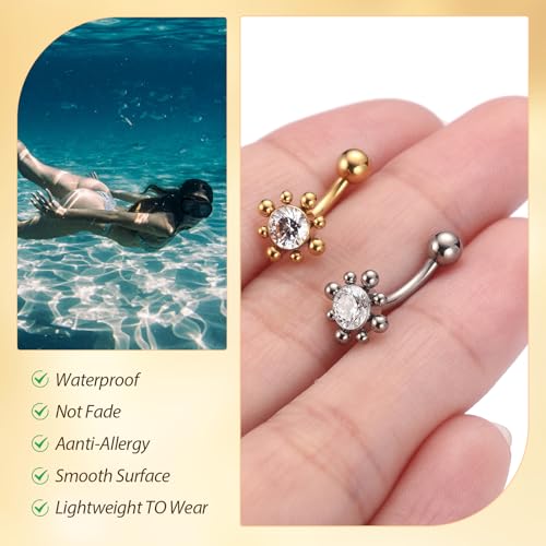 PEAKLINK G23 Titanium Belly Button Ring 14G Belly Piercing Jewelry Belly Barbell Navel Ring Navel Barbell Stud 8mm 10mm 12mm - color: Style2:Gold with Clear CZ
