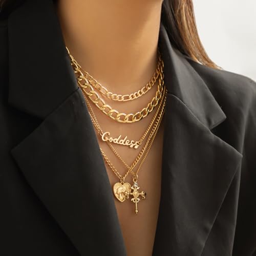 CSIYANJRY99 Layered Gold Necklaces for Women Chunky Gold Necklace Stack Layered Cuban Paperclip Snake Chain Necklace Retro Coin Dainty Pendant Toggle Clasp Necklace - style: Gold Goddess