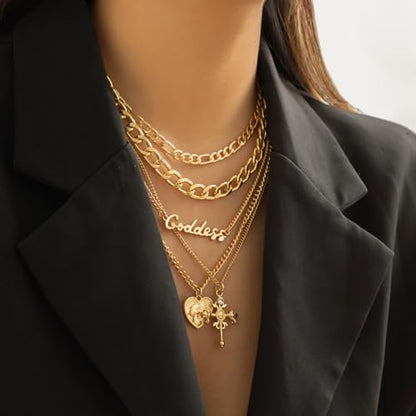 CSIYANJRY99 Layered Gold Necklaces for Women Chunky Gold Necklace Stack Layered Cuban Paperclip Snake Chain Necklace Retro Coin Dainty Pendant Toggle Clasp Necklace - style: Gold Goddess