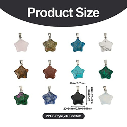 24pcs Star Shaped Stone Pendants 12 Styles Natural & Synthetic Gemstone Charms Mixed Healing Chakra Crystal Pendant for Stone Jewelry - color: 1-Mixed Color-Star-12 Styles