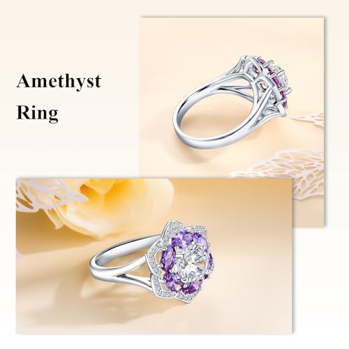 Flower Cocktail Ring for Women Stone Engagement Anniversary Rings | Sterling Silve|Hypoallergenic|Ruby|Sapphire|Emerald|Wedding and Birthday Party Women Statement Ring|Mother and Grandma Gift - color: Amethyst (Feb.)