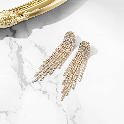 Clip-on Earrings Rhinestone Dangling for Women Fashion Long Chandelier Sparkle Crystal Tassel Dangle Drop Earring - color: Clear-Gold-Tone