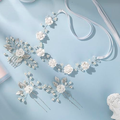 Wedding Hair Accessories Hair pieces Set Crystal bridal hair pins Rhinestone Pearl Hair comb Brides and Bridesmaids, Girls, Women(（4PCS/SET SILVERY) - color: white