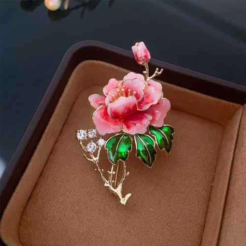 Peony Flower Brooch Pins for Women Gold-Tone Elegant Crystal Green Pink Enamel Floral Lapel Pins for Clothes Hat Dress Accessories Wedding Party Prom Fashion Jewelry