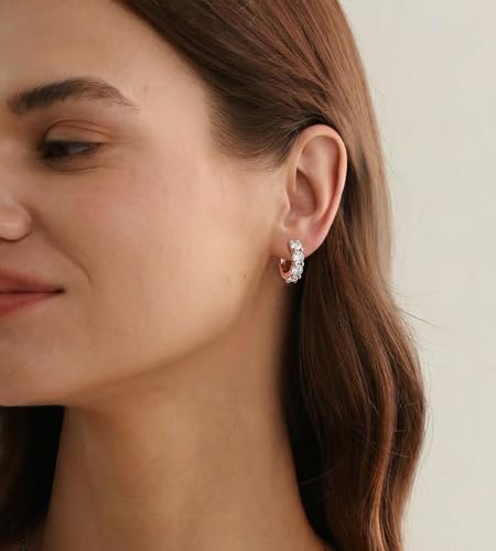 ASHINE 14K Gold Plated 925 Sterling Silver Post Pave Cubic Zirconia Hoop Cuff Huggie Earrings Jewelry for Women Girls - color: Rose Gold