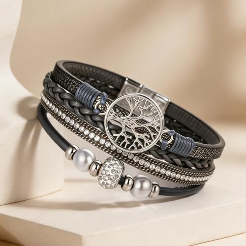 hotoo Leather Wrap Bracelets for Women Tree of Life Cuff Bracelets Pearl Rhinestone Bead Multi-Layer Bracelets Bohemian Jewelry Gift for Women - color: Gray
