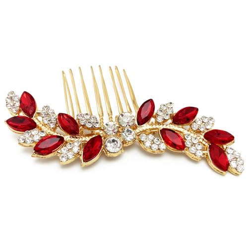 Bridal Crystal Hair Comb Small Wedding Alloy Rhinestone Party Prom Hair Piece Accessories Elegant for Women Girls (Red + Gold) - color: Red + Gold
