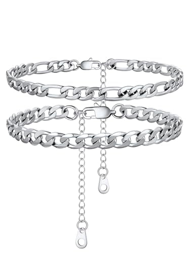U7 2Pcs/3Pcs Ankle Bracelets for Women, Stainless Steel Cuban Link/Figaro/Rope/Heart Chain Anklets Sets,Waterproof Layered Anklets Adjustable 8.5"-10.5" - color: 01. 2Pcs Style A-Stainless Steel