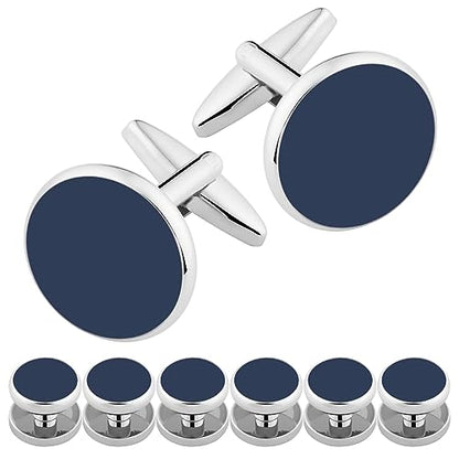 Cufflinks for Men and Tuxedo Shirt Studs Set with Gift Box Stainless Steel Cuff links - style: Navy blue