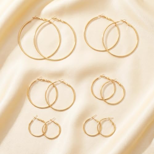 6 Pairs Gold Hoop Earrings for Women 14K Gold Plated Hoop Earrings Set Hypoallergenic Stainless Steel Earring Lightweight Dangle Loop Earring Set