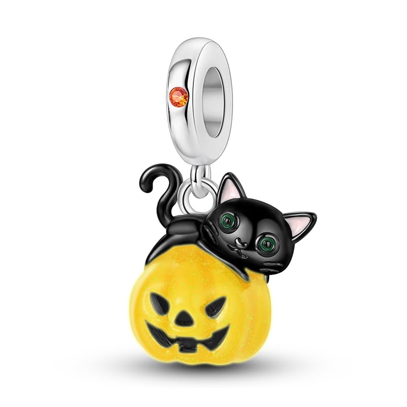 LNQOBU 925 Sterling Silver Charms for Bracelets Dangle Pendant fit Pandora Bracelets or Necklaces Jewelry Woman Gift Beads Charm (With one Spacer Beads) - style: Black Cat Luminous Pumpkin Charm