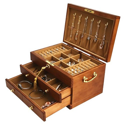 Wooden Jewelry Box with Lock and Key, Medium Size Case, 2 Drawers | Real Natural Wood Lockable Antique Organizer with Large Storage, Ring Compartments, Necklace Hooks