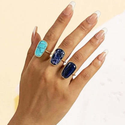 OIDIMS Gemstone Statement Ring for Women Gold-Tone Stainless Steel Natural Stone Rose Quartz Aventurine Turquoise Adjustable Open Band Stacking Finger Rings Boho Cocktail Wedding Party Jewelry - color: Lapis Lazuli