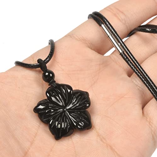 Justinstones Hand Carved Healing Crystals Gemstone Hawaii Flower Pendant Hand Weaving Wax Rope Necklace 22 inch - color: Black Obsidian