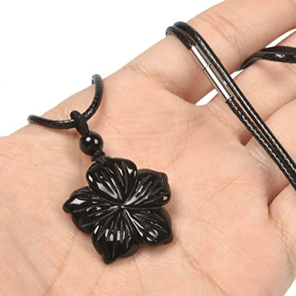 Justinstones Hand Carved Healing Crystals Gemstone Hawaii Flower Pendant Hand Weaving Wax Rope Necklace 22 inch - color: Black Obsidian