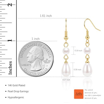 Pearl Earrings for Women 14k Gold/Silver Pearl Drop Earrings Long White Pearl Tassel Dangle Statement Earrings Bridal Wedding Dainty Prom Earrings Birthday Gifts Jewelry - color: Gold Double Pearl Drop Earrings