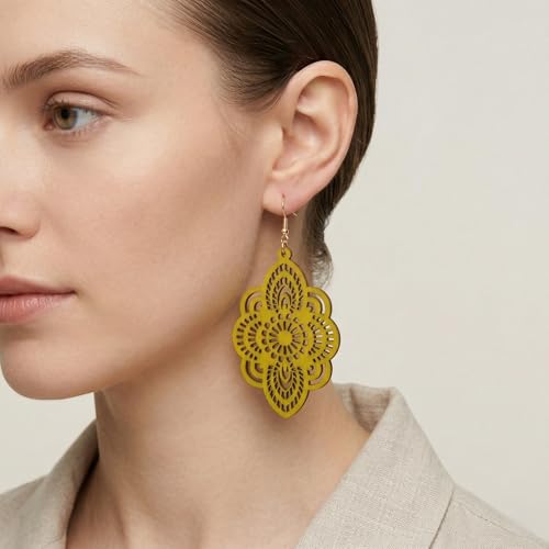 Boho Black Filigree Dangle Earrings for Women, Lightweight Hollow Lace Drop, Wood, 3.34" x 1.69", Bohemian Jewelry - color: Yellow