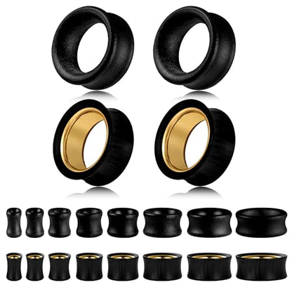 2 Pairs Hollow Vintage Ear Tunnel Plugs Stretcher Gauges | Natural Black Sandalwood/Stainless Steel, Saddle Double Flared, Wooden Body Jewelry - size: 8MM