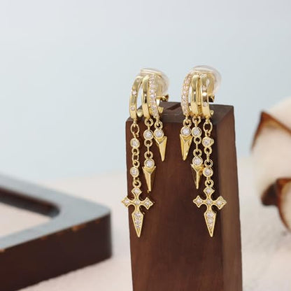 Clip On Earrings for Women Chain Moon Star Cross Hoop Dangle Earring No-Pierced Gold Silver - color: Cross,Gold tone