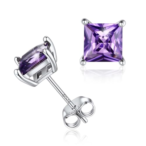 ChicSilver 925 Sterling Silver Earrings Sparkling Heart/Round/Princess Cut Birthstone Earrings for Women Birthday Jewelry with Gift Box - style: A.February(Amethyst)-Princess Cut