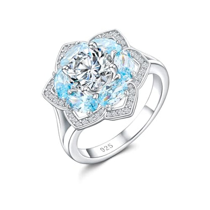 Flower Engagement Promise Ring Sterling Silver Birthstone Rings for Women Sapphire/Emerald/Ruby Gemstone Six Leaf Clover Statement Cocktail Ring Size 6 to 10 - style: 03. March-Created Aquamarine