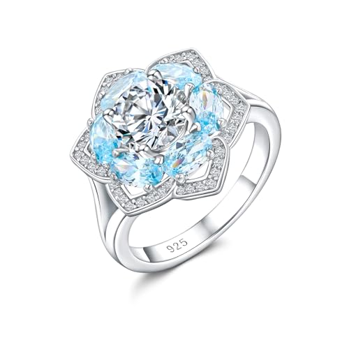 Flower Engagement Promise Ring Sterling Silver Birthstone Rings for Women Sapphire/Emerald/Ruby Gemstone Six Leaf Clover Statement Cocktail Ring Size 6 to 10 - style: 03. March-Created Aquamarine