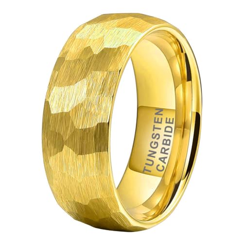 TUTISS 6mm 8mm Silver/Black/Gold/Rose Gold Hammered Tungsten Rings for Men Women Couple Fashion Jewelry Engagement Wedding Bands Domed Matte Finish Comfort Fit - color: 8mm Gold Tungsten