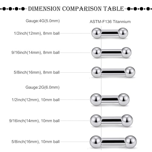 16G-2G ASTM F136 Titanium Internally Threaded Nipple Tongue Rings Piercing Jewelry Straight Industrial Earring Barbell G23 Titanium Nipple Tongue Bars Piercing Jewelry for Women Men 12MM-40MM - style: 2G, 12mm Length, 10mm Ball