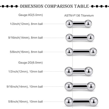 16G-2G ASTM F136 Titanium Internally Threaded Nipple Tongue Rings Piercing Jewelry Straight Industrial Earring Barbell G23 Titanium Nipple Tongue Bars Piercing Jewelry for Women Men 12MM-40MM - style: 4G, 16mm Length, 8mm Ball
