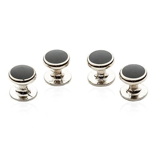 Cuff-Daddy Silver Black Enamel Shirt Studs Set for Tuxedo Wedding Party and Groomsmen in Velour Pouch - color: 4 Studs
