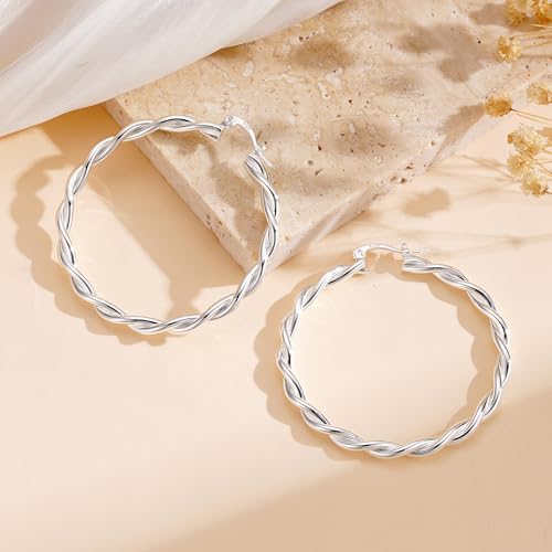 Apsvo Hoop Earrings for Women, 5mm Wide 14K Gold Plated/Silver Hoop Earring Hypoallergenic 925 Sterling Silver Earrings Lightweight Large Earrings for Women - color: Silver Twist-30mm