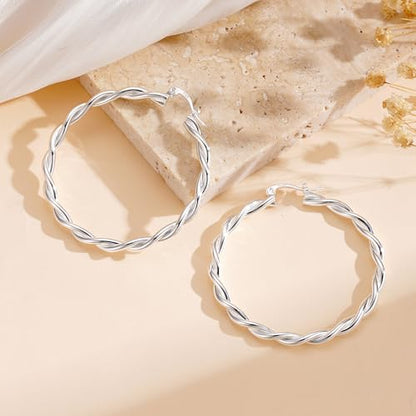 Apsvo Hoop Earrings for Women, 5mm Wide 14K Gold Plated/Silver Hoop Earring Hypoallergenic 925 Sterling Silver Earrings Lightweight Large Earrings for Women - color: Silver Twist-30mm