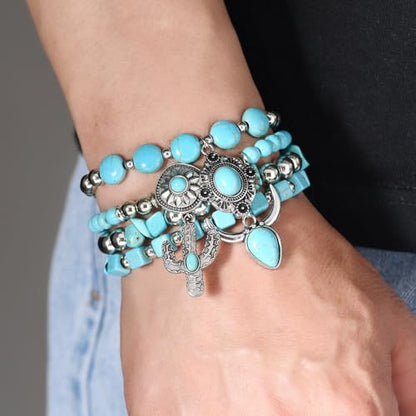 LOTSOF Western Turquoise Beaded Bracelet, Chic Stack Beaded Western Style for Country Concerts, Cowgirl Outfits & Boho Jewelry - color: Ox with Turquoise