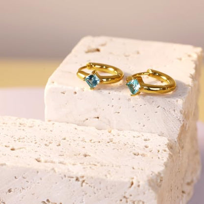 316L Surgical Steel Birthstone Hoop Earrings for Women | Lightweight, 5A Cubic Zirconia, Hypoallergenic, Lead & Nickel Free, 8mm Huggie Hoops - color: 18k gold-plated: 03. March (Aquamarine)