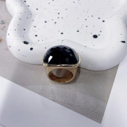 Chunky Square Crystal Glass Stainless Steel Statement Ring for Women Men Gold-Tone Plated Exaggerated Large Geometric Green Cubic Zirconia Finger Band Knuckle Rings Cocktail Prom Fashion Jewelry - color: Blue