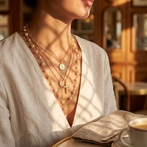QCWN Gold Layered stacked Necklaces for women 3PS Chunky Statement Necklaces Stack Mixed Metal Charm Necklace for Women Trendy Coin Jewelry Gift for Her Gifts - style: Layered stack 11