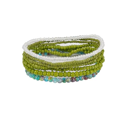 Boho Colorful Stackable Crystal Glass Beads Stretch Bracelets Multilayered Bracelets for Women Bohemian Jewelry - color: Green 7pcs