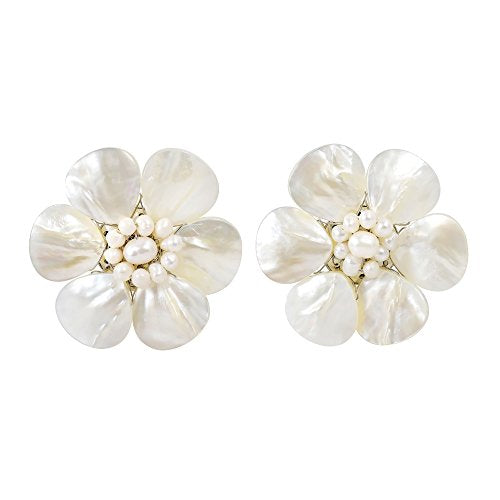 AeraVida Hand Carved White Mother of Pearl Flower Clip On Earrings Handmade Artisan Pearl Floral Statement Jewelry | Non Pierced Earrings for Women