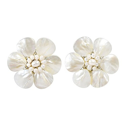 AeraVida Hand Carved White Mother of Pearl Flower Clip On Earrings Handmade Artisan Pearl Floral Statement Jewelry | Non Pierced Earrings for Women