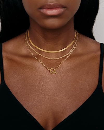 Layered Toggle Necklace for Women, 3-Chain Stack | Gold/Silver-plated necklace set with paperclip, rope, and herringbone chains plus a toggle clasp for daily wear and parties - color: Gold