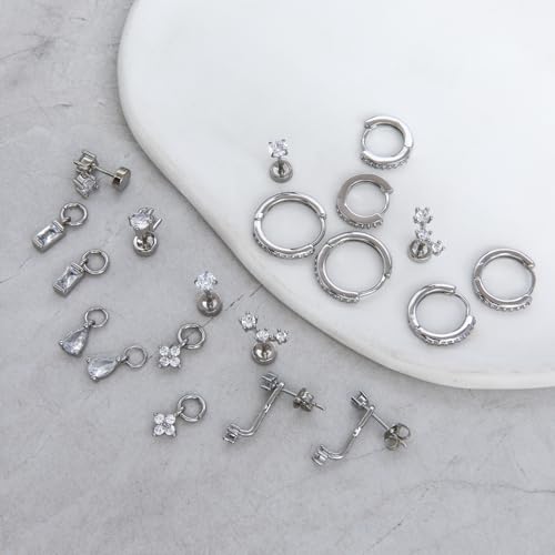 Stainless Steel Stud Earrings Set for Women Hypoallergenic Flat Back Cartilage Earrings Screw Back Huggie Hoop Earrings Multiple Piercing Cubic Zirconia Helix Tragus Jewelry - color: Set-E-Silver